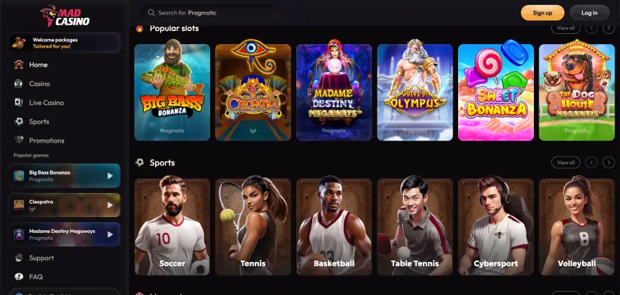 Mad casino UK platform showing registration and payment options